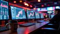 A serene ESPN bullpen with glowing graphs on screens and a coffee mug reading Pace of Play.