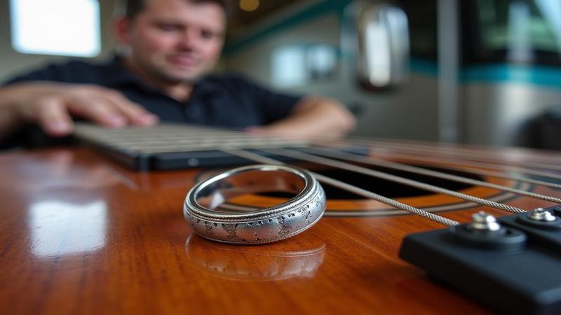 Close-up of a scuffed wedding ring resting on a steel guitar, with a tour bus mirror reflecting a man Googling 'how long should a pause before apology be?'