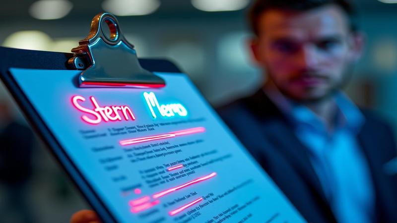 Close-up of a clipboard labeled 'Stern Memo' with neon highlights and a frustrated team staffer in the background.