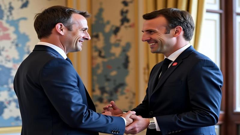 Macron and Lecornu exchange an invisible baton at the Élysée, a ceremonial GPS recalculating in the corner as aides stack folders by color and immediate existential urgency.