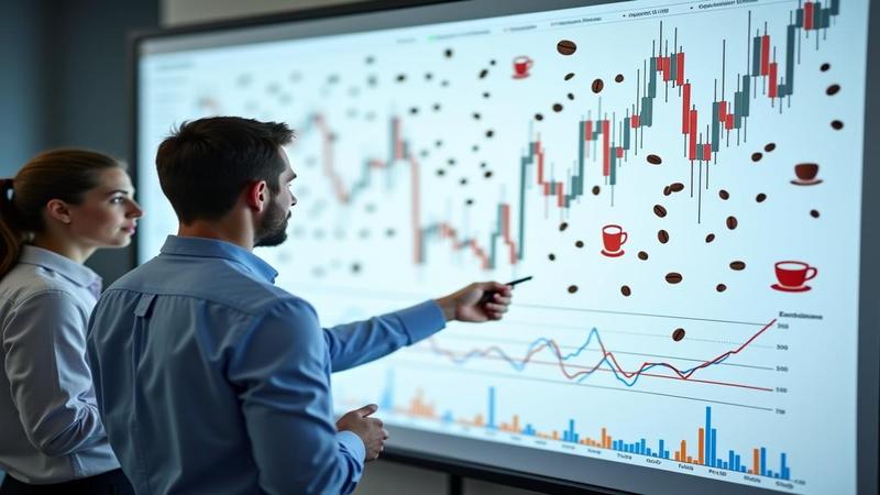 Analysts study a whiteboard covered in coffee cup icons and stock charts as beans rain down on screen.
