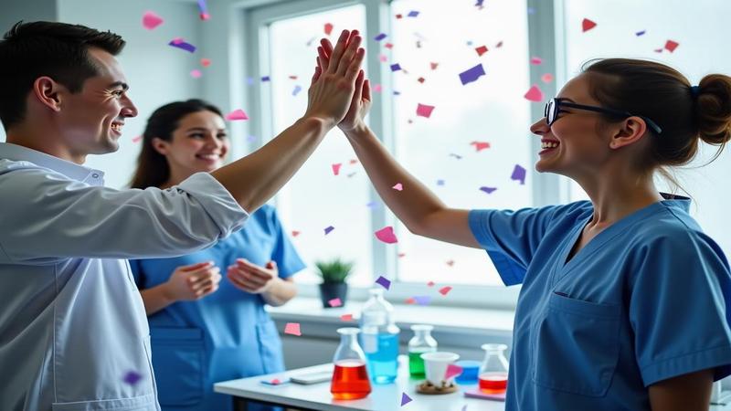 a jubilant patient high-fives a nurse against a backdrop of beaker confetti.