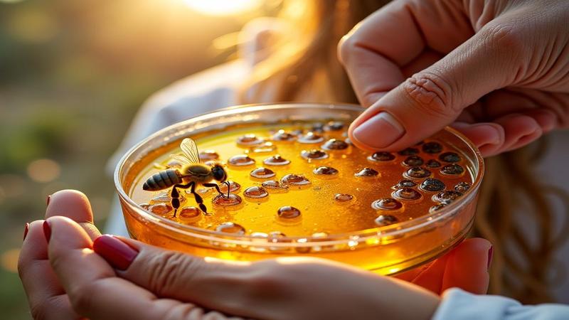 Primary image shows a scientist holding a petri dish labeled Bee Sterols beside a buzzing honeycomb.