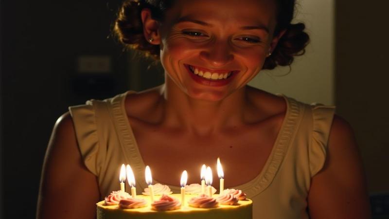 Ethel Caterham smiles softly as a candlelit cake glows, embodying the phrase at her own pace.