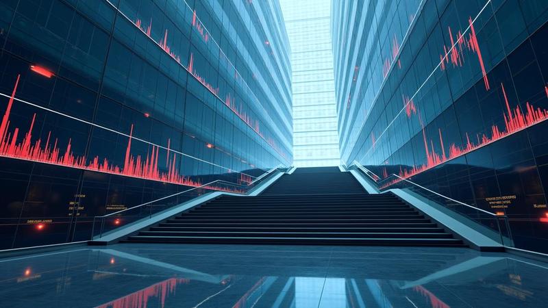A cavernous trading floor hums as a stylized chart climbs a staircase toward vaguely optimistic profits.