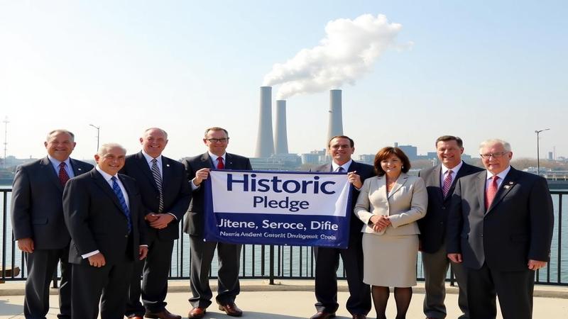 Officials pose under a banner reading ‘Historic Pledge’ as distant smokestacks clap politely, exhaling a light applause of haze.