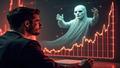 A charismatic host stares at a glowing revenue chart while a bloodless ghost of a punchline looms in the background.