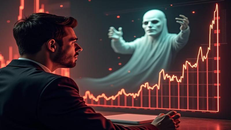 A charismatic host stares at a glowing revenue chart while a bloodless ghost of a punchline looms in the background.