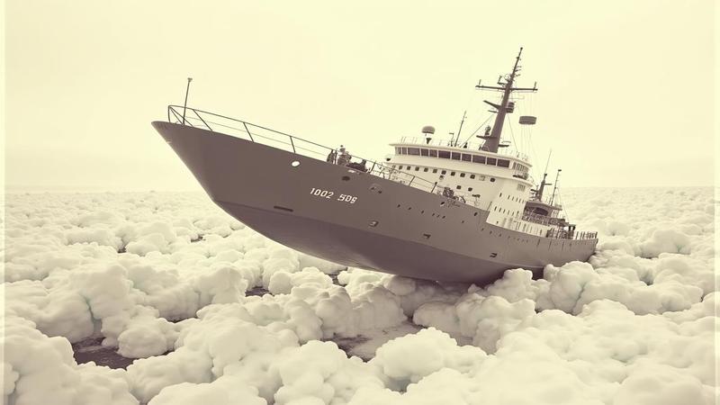 A sepia-toned photo of Endurance trapped and tilting in jagged Antarctic pack ice, like a polite houseguest being slowly hugged by a refrigerator.
