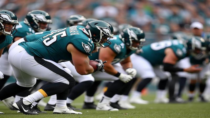 Close-up of Eagles offensive line forming the tush push while referees lean in, clipboards out, measuring angles like anxious shop teachers.