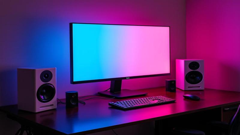 Neon-lit setup shows off a monitor that glows like a fashion show prop.