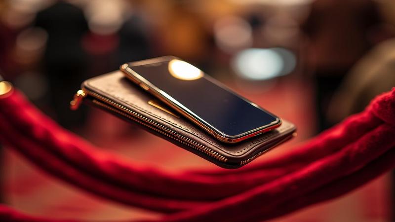 A shiny, weightless phone floating above a velvet rope as wallets orbit nervously nearby.
