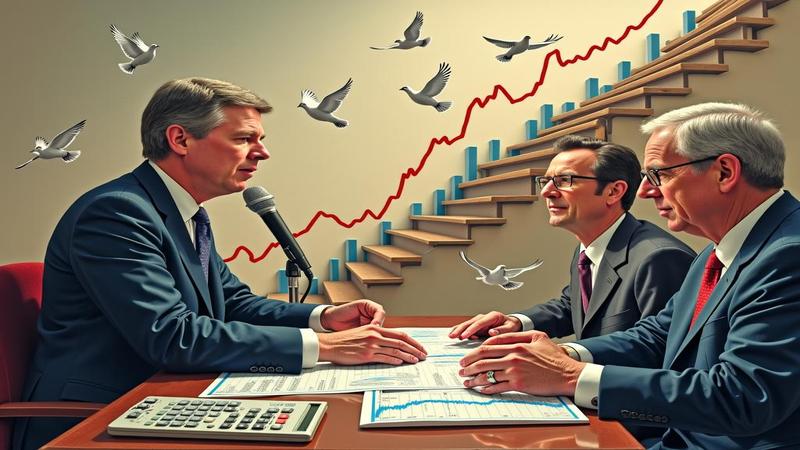 Jerome Powell croons into a microphone as interest-rate notes descend a staircase chart, traders clutching foam doves and calculators.