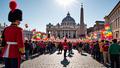 Rainbow-clad pilgrims outside St. Peter’s, waving banners as Swiss Guard in technicolor uniforms nods approvingly; sunlit cobblestones, confetti midair, olive branches pretending to be pom-poms.