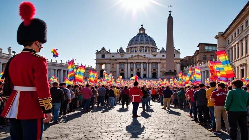Rainbow-clad pilgrims outside St. Peter’s, waving banners as Swiss Guard in technicolor uniforms nods approvingly; sunlit cobblestones, confetti midair, olive branches pretending to be pom-poms.