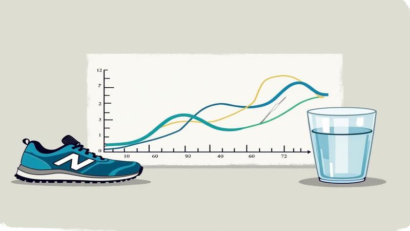 A graph of glucose curves next to a walking shoe and a glass of water, captioned with dry humor.