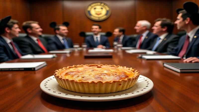 Boardroom with Mickey ears on chairs, an actual pie as a pie chart, and a teleprompter reading 'We Hear You' while lawyers wheel in mountainous binders.