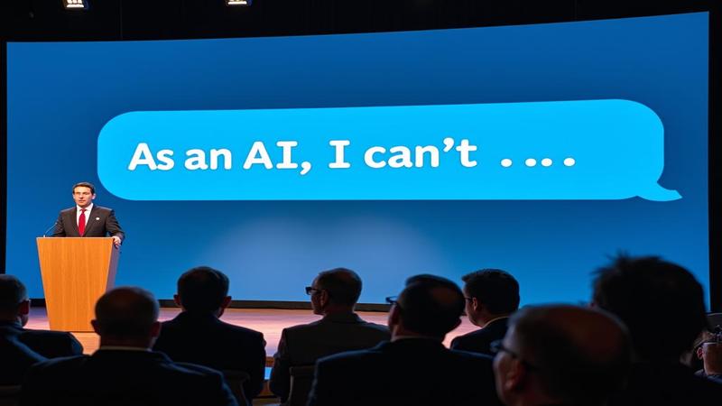 executives at a podium, a chatbot bubble on a nearby screen reads, “As an AI, I can’t…”, cameras blinking.