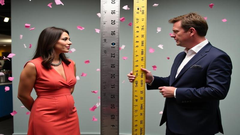 Woman stands confident, surgical scars visible, flanked by absurdly oversized rulers and confetti, while a news anchor compares compassion to inches on a chromed tape measure.