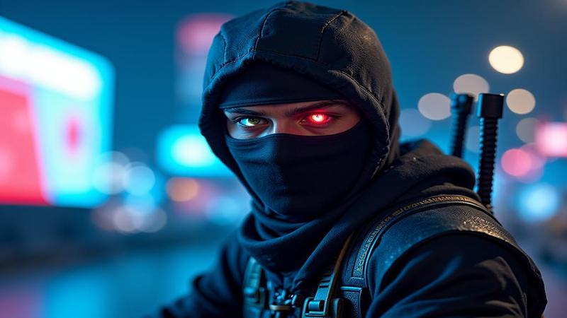 Close-up of the ninja mid-slice, illuminated by powder-blue lights as a billboard of microtransactions looms behind.