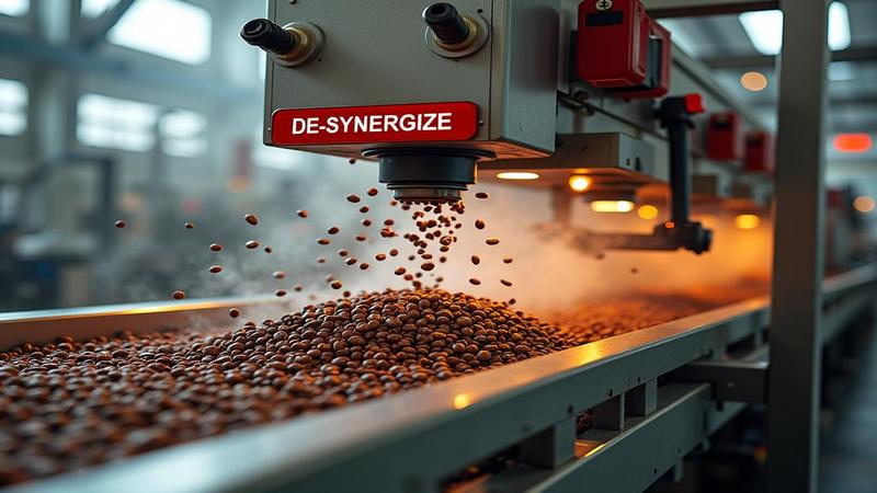 Factory conveyor blending coffee beans and soda bubbles mid-air, then abruptly reversing as a giant red emergency lever labeled “DE-SYNERGIZE” gets pulled.