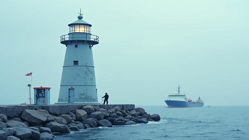 A frostbitten lighthouse guards an empty gas pump while distant ships idle at the horizon.