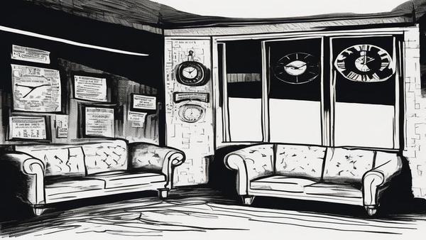 Empty morning show couch under blinding studio lights, abandoned mug steaming, chyron screaming 'BREAKING' while a clock insists it's too early for any of this.