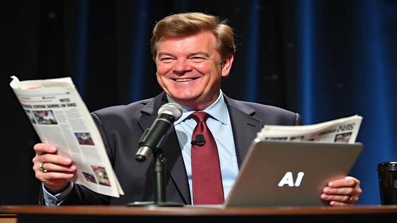 William Shatner at a microphone, smirking as he holds a tabloid in one hand and a laptop labeled AI in the other.
