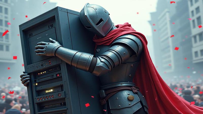 Player in knight armor hugging a PC tower, pre-order banner drooping, rain of canceled transactions falling like confetti.