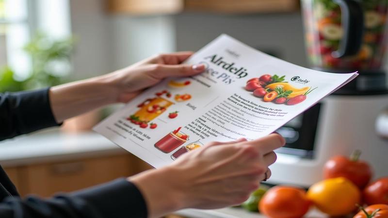 Publicist hands glossy brochures as a blender whirs in the background, turning wellness into a smoothie of claims.