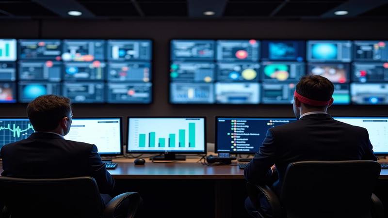A control room wall of screens during a flawless segment handoff, one monitor showing soaring ratings dunking on a loss graph wearing a tiny headband.