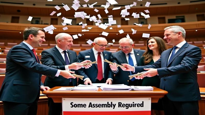 Lithuanian party leaders holding Allen keys around a lectern, confetti of policy papers, banner reading 'Some Assembly Required' in Vilnius parliament hall.