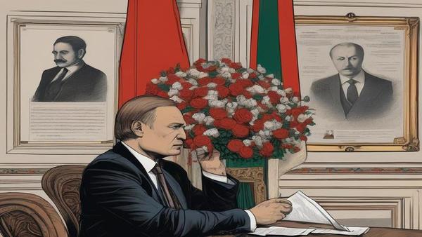 A Kremlin aide staring at a blinking conference phone under a portrait of past certainty, holding a bouquet of unsigned agreements.