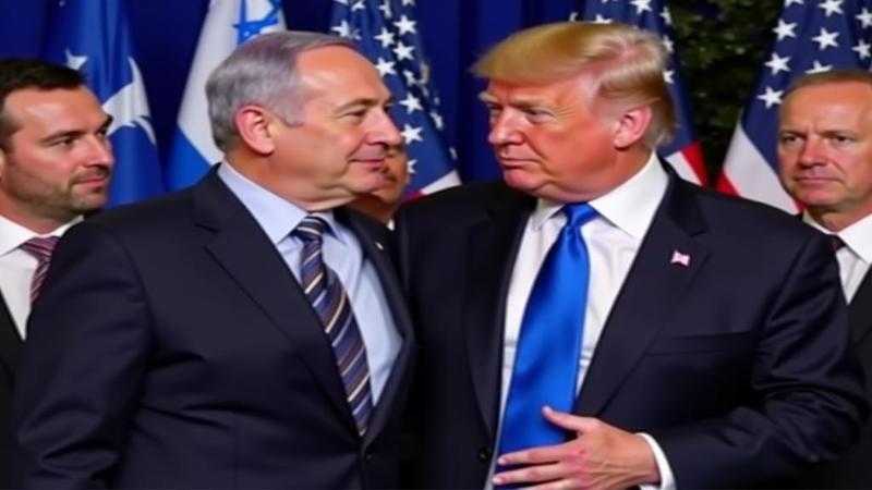 Netanyahu nods as Trump praises him on stage, cameras flashing and microphones everywhere.