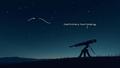 A lone telescope under a night sky, a faint dot circled dramatically, with a sarcastic arrow reading, 'Definitely Not Hiding.'