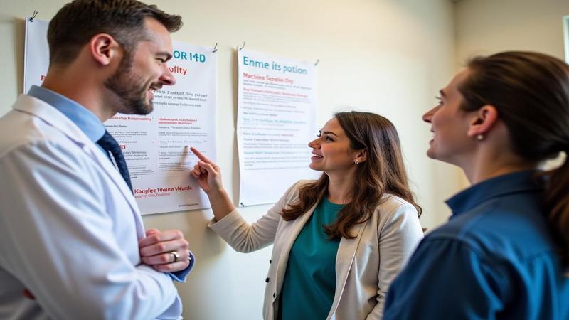 A clinician points to a vaccine poster as hopeful parents listen intently