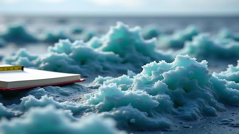 Close-up of wind-sculpted floes with a tape measure and notebook nearby, as if nature is being audited by a very calm accountant.