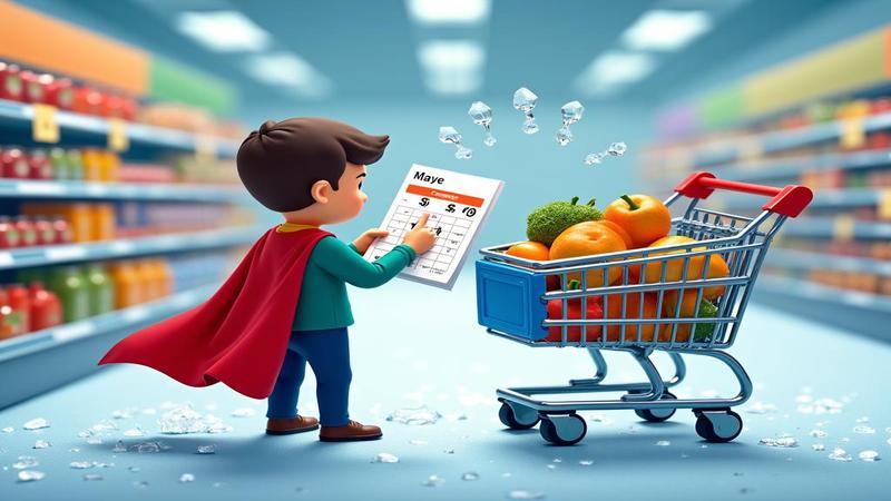 A supermarket price tag frozen in ice while a puzzled shopper consults a graph; cart filled with budget staples, optimism, and coupons wearing tiny capes.