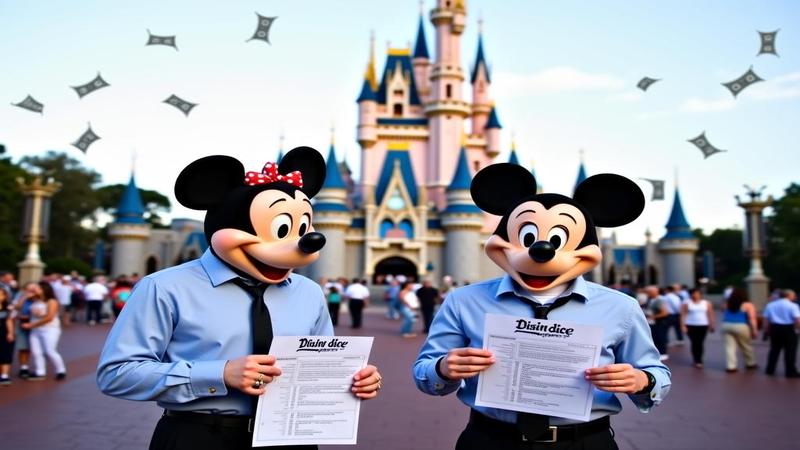 Investors in mouse ears clutch spreadsheets outside a Disney castle, holding 'Show Us Receipts' signs as dollar-bill confetti falls and security pretends this is a character meet-and-greet.