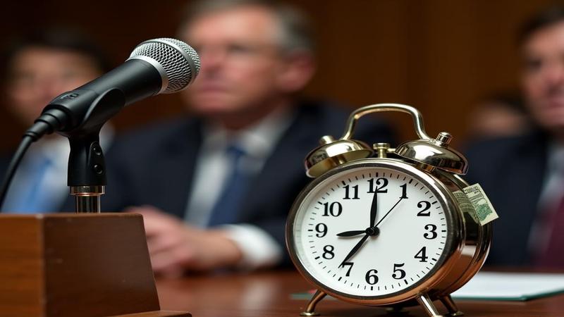 Close-up of a lectern microphone awaiting Fed speakers, with a dollar bill paperclip and a clock at 10:02.