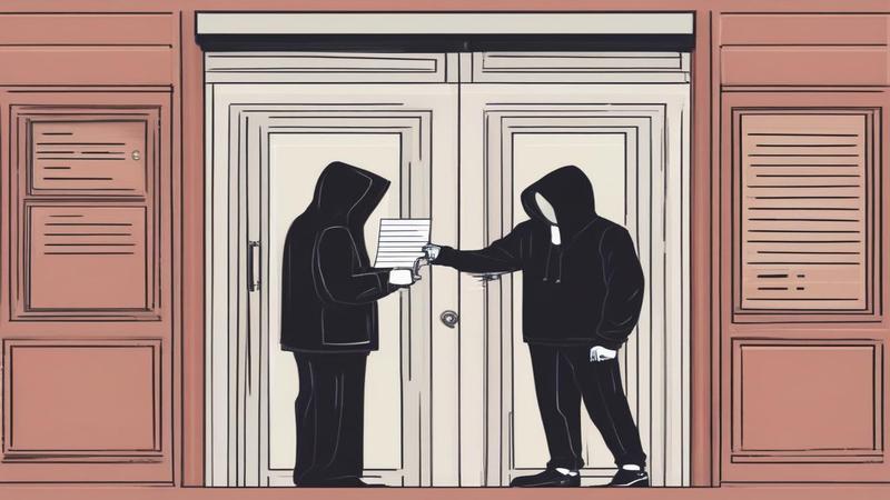 Two faceless figures exchanging redacted PDFs through a mail slot, one in a hoodie, one in a suit, emojis hovering like negotiation tactics.