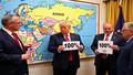 Trump pointing at Europe on a map labeled 'ASIA' while aides hold giant '100%' signs and an EU official checks a calculator.