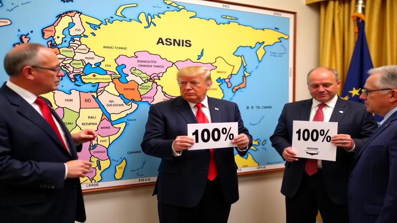 Trump pointing at Europe on a map labeled 'ASIA' while aides hold giant '100%' signs and an EU official checks a calculator.
