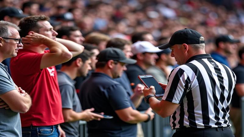 fans reacting, camera crew scrambling, and a ring referee staring at a phone.