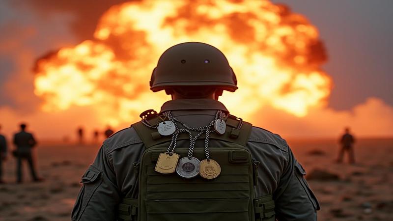 Close-up of a loading screen progress bar wearing military dog tags, bravely advancing while explosions of social notifications fire overhead.