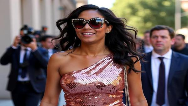 Wendy Osefo in statement sunglasses leaving a courthouse, paparazzi flashes bouncing off sequins and subpoenas.