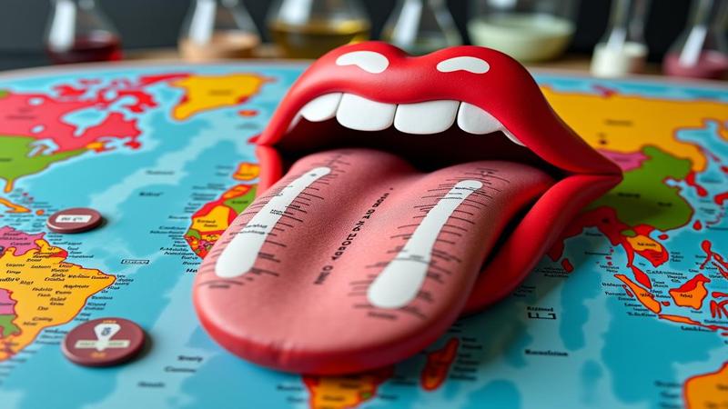 Close-up of a novelty world atlas printed on a giant foam tongue, surrounded by lab beakers and comedy awards.
