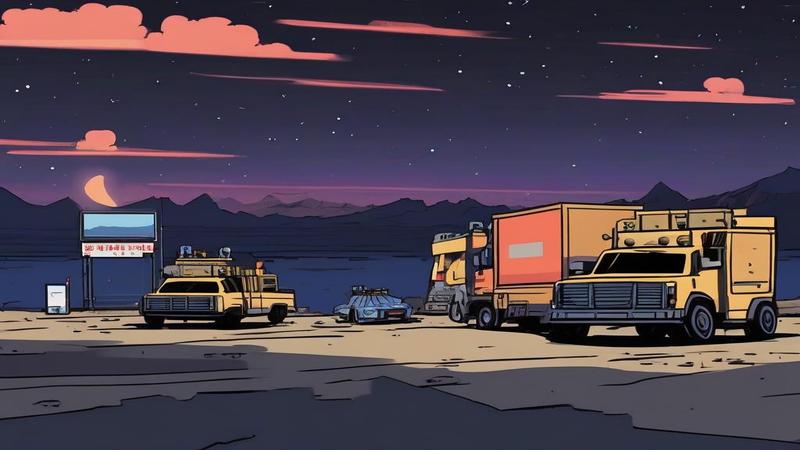 A nighttime checkpoint with idling aid trucks, a toy on a dashboard, and a sky that forgets how to be dark.