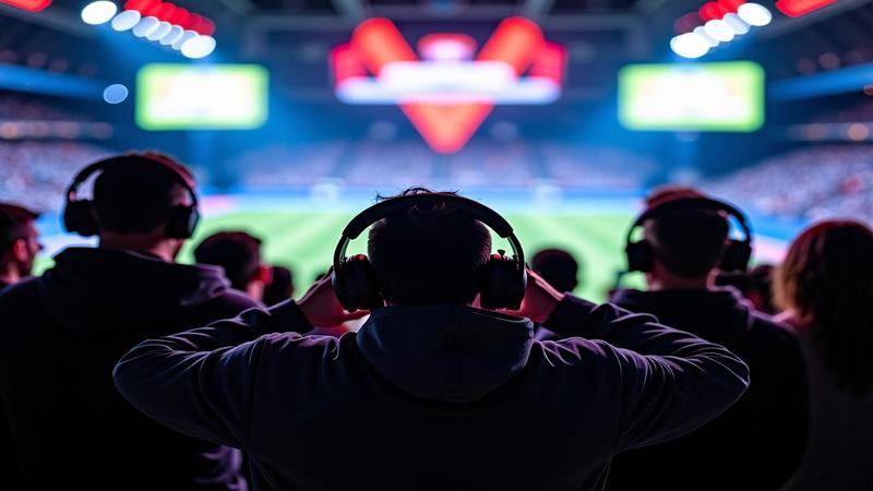 Fans adjust oversized headphones while a glowing scoreboard announces the second game's start.