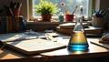A beaker, a copy of The Martians, and a cluttered lab notebook sit on a sunlit desk.